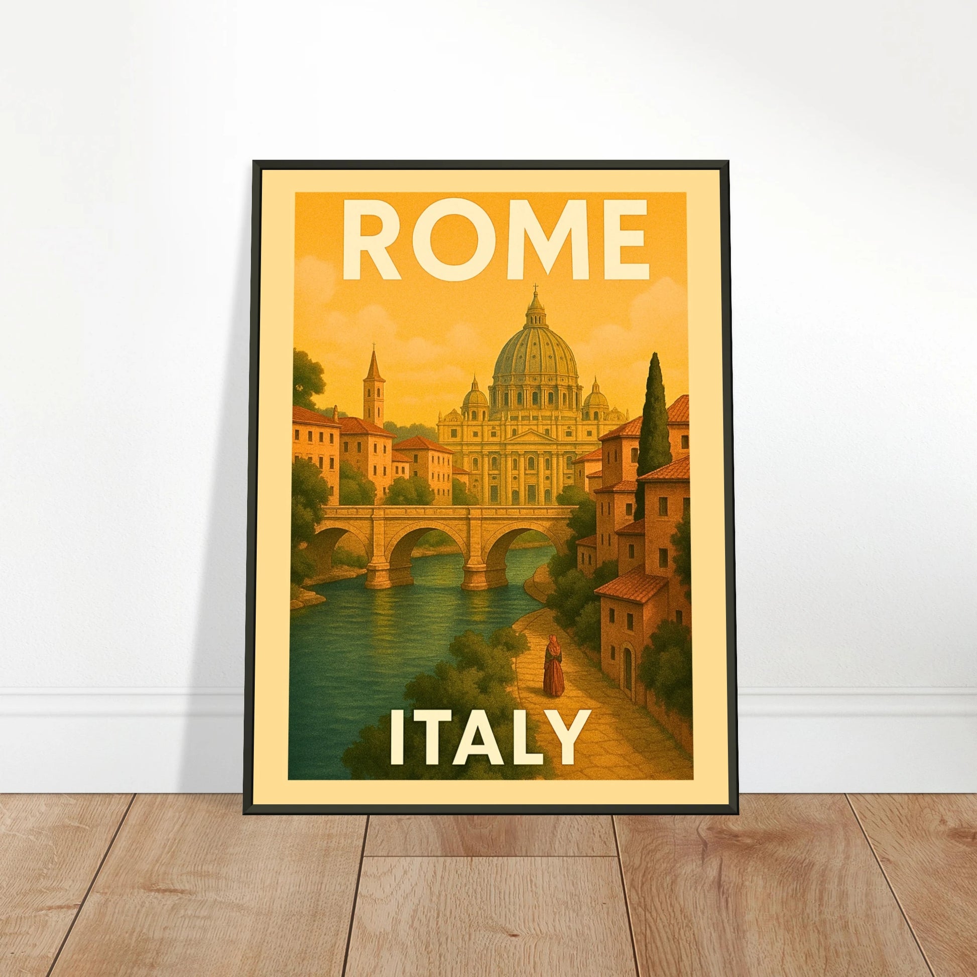 Rome Italy vintage travel poster leaning on floor in black metal frame