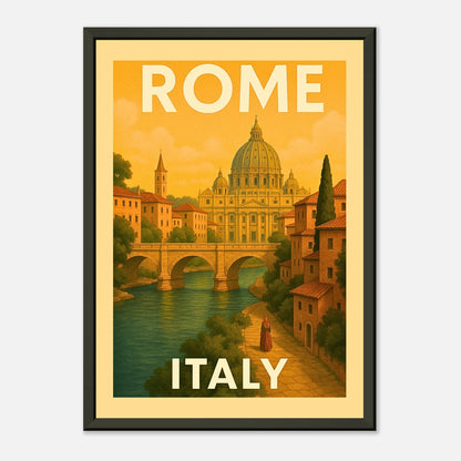 Rome Italy travel poster in black metal frame featuring historic skyline, bridges and warm sunset tones