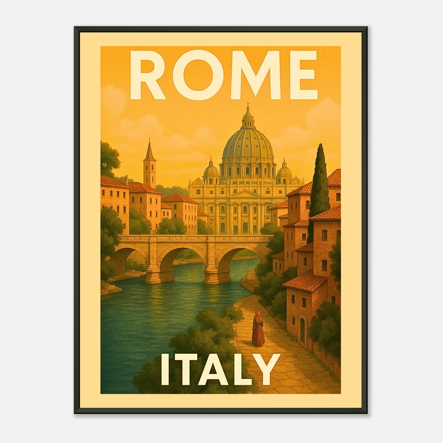 Vintage Rome Italy wall art poster in black metal frame with St. Peter’s dome, river scenery and classic travel illustration style