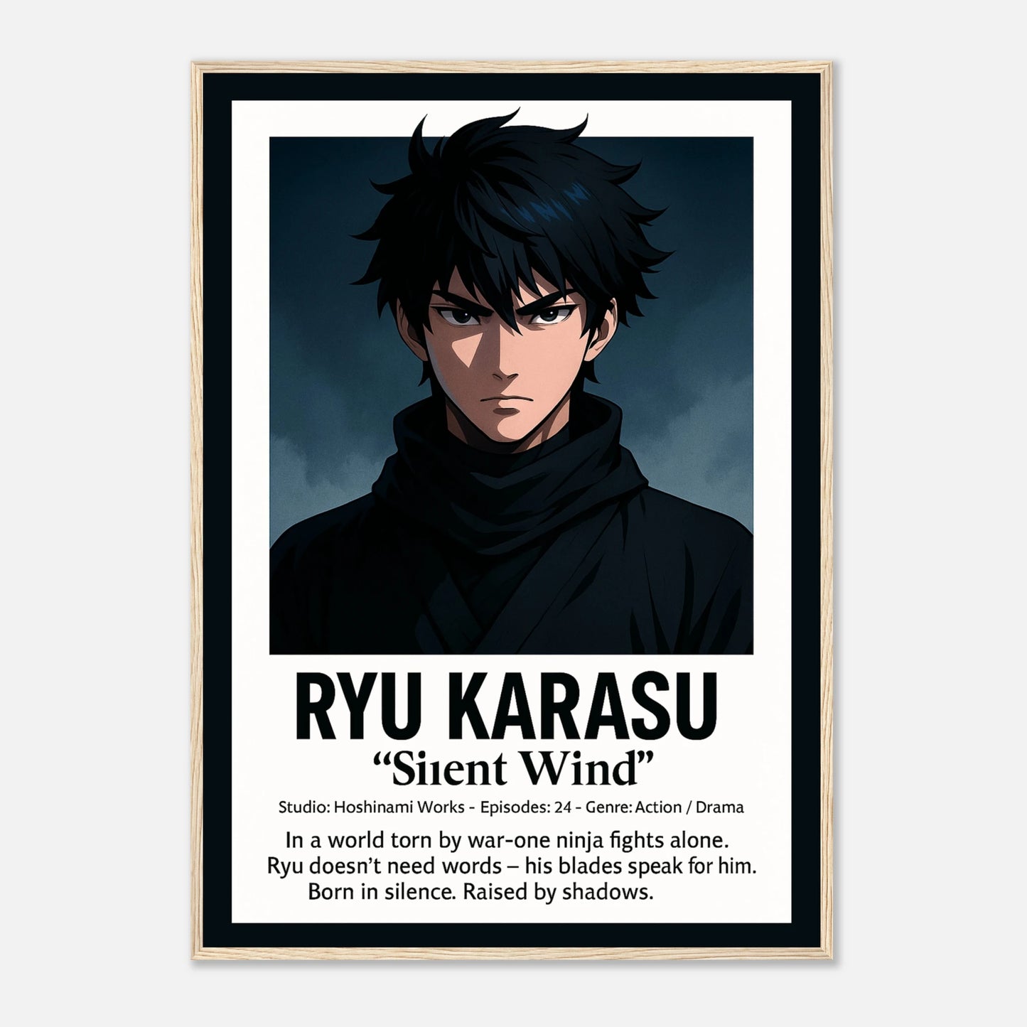 RYU KARASU Poster im hellbraunen Holzrahmen – stiller Samurai mit dunklem Blick, minimalistisches Anime-Wandbild mit japanischer Eleganz. Defa Designs Premium Print.