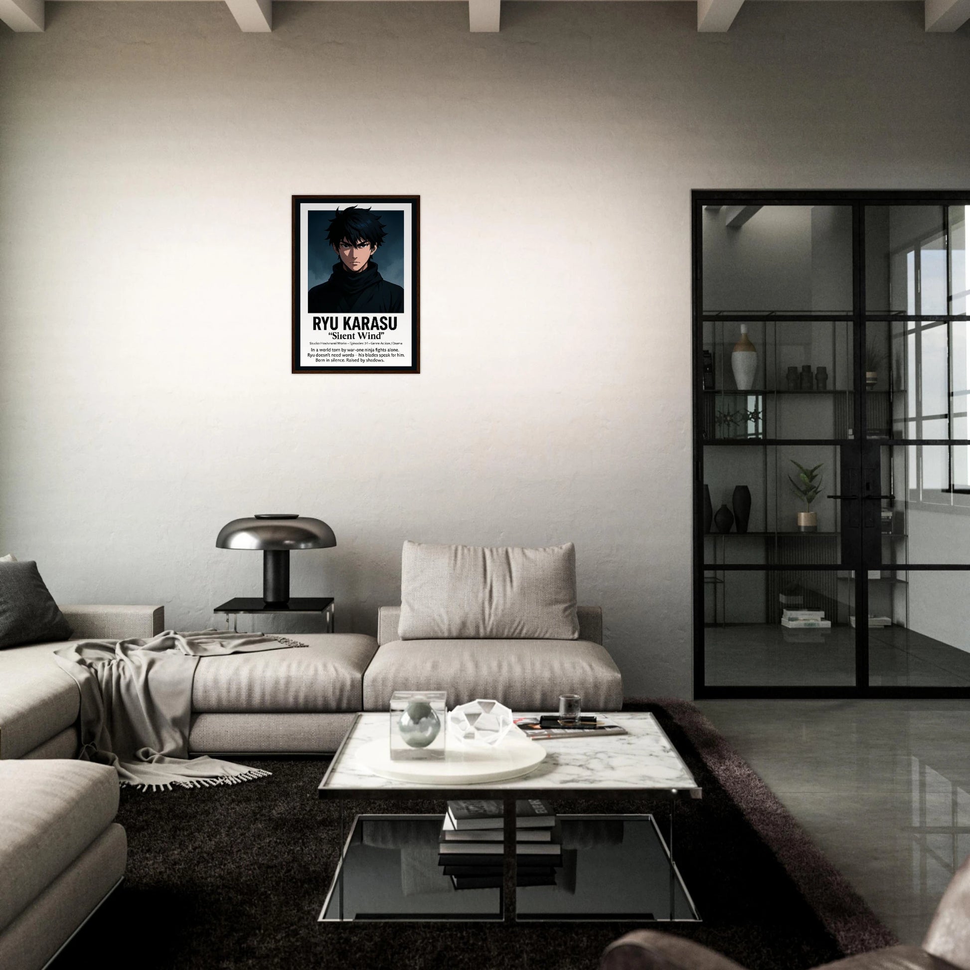 RYU KARASU Poster im dunklen Wohnzimmer – geheimnisvolle Atmosphäre, stiller Krieger im Fokus, eindrucksvolle Anime-Kunst von Defa Designs.
