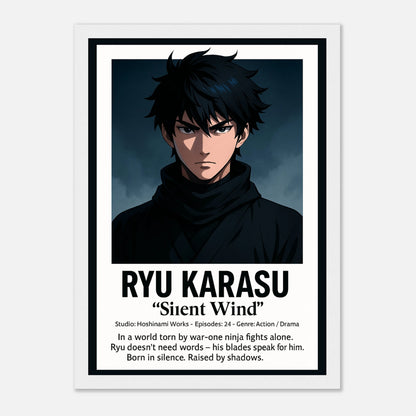 RYU KARASU Poster im weißen Rahmen – ruhiger Anime-Samurai mit intensivem Ausdruck, elegante Wanddekoration in japanischem Stil. Defa Designs.