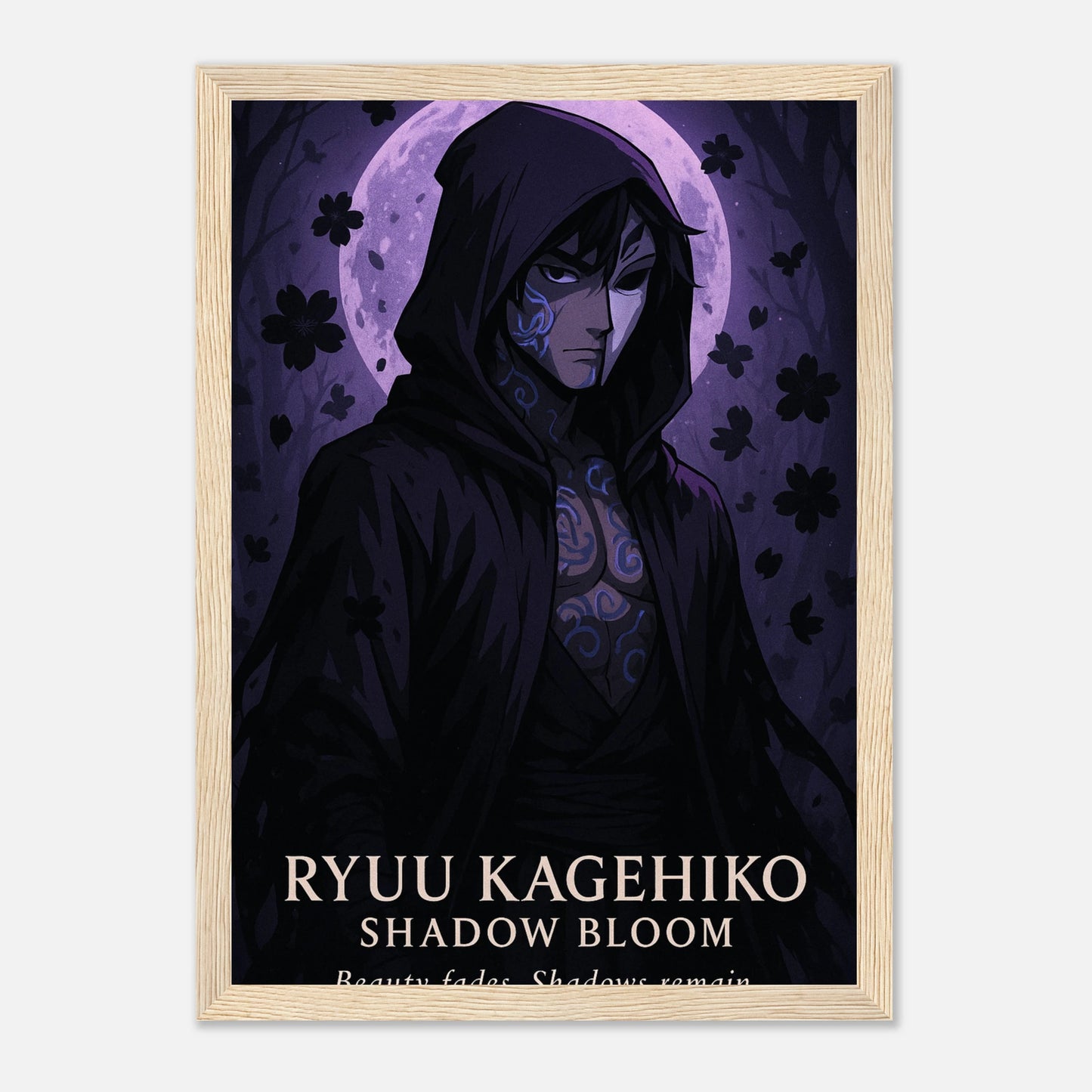 RYUU KAGEHIKO Poster im hellbraunen Holzrahmen – edles Anime-Kunstwerk mit dunkler Ästhetik. Japanisch inspirierte Samurai-Kunst mit feinem Lichtspiel.