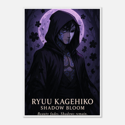 RYUU KAGEHIKO Poster im weißen Rahmen – kontrastreiches Samurai-Kunstwerk in Violett und Schwarz. Edles Anime-Wandbild mit eleganter Balance aus Licht und Schatten.