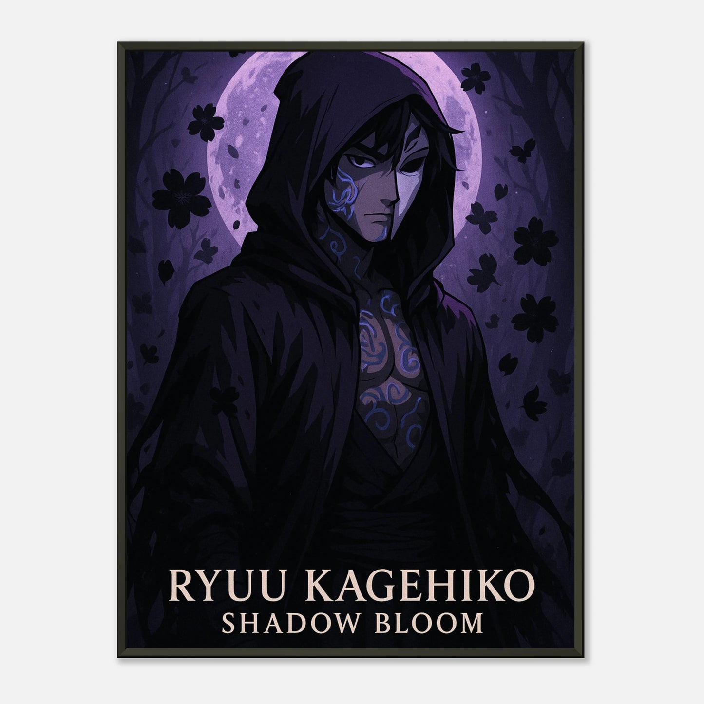 Ryuu Kagehiko Shadow Bloom Anime Poster – dunkler Ninja Samurai in violetten Schatten, hochwertige Wandkunst von Defa Designs