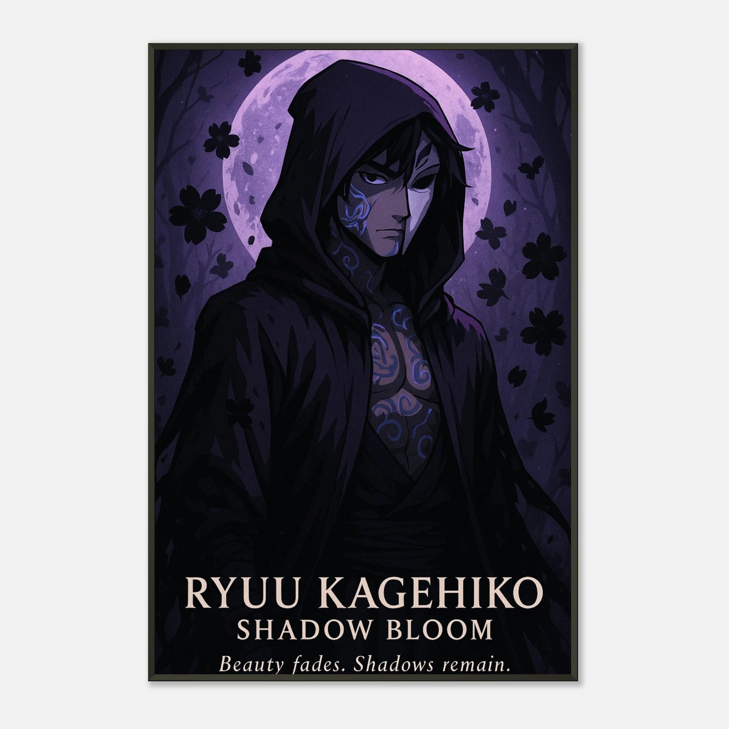 Nahaufnahme Anime Poster Ryuu Kagehiko – Samurai in violettem Schatten, seitliche Ansicht, hochwertige Wandkunst