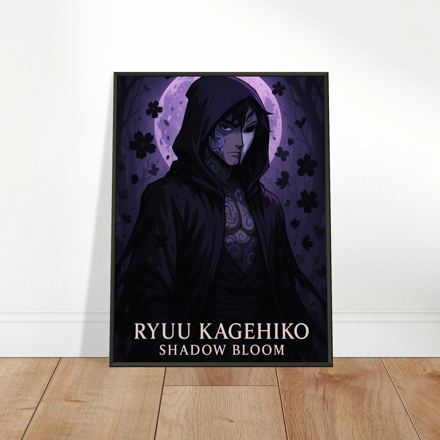 Ryuu Kagehiko Shadow Bloom Poster – an die Wand gelehnt, Ninja Samurai Kunst in violetten Schatten für modernes Interior