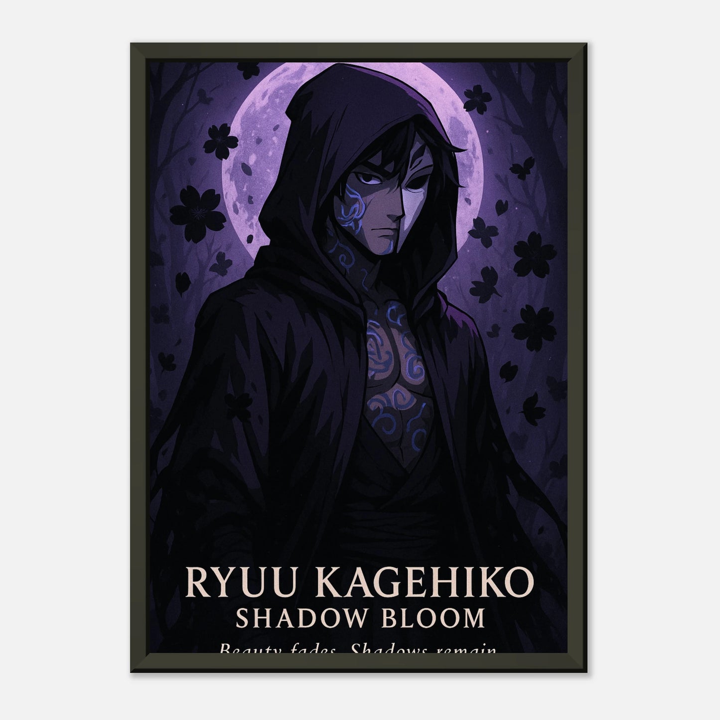 Ryuu Kagehiko Shadow Bloom Poster – Samurai in violetten Schatten mit schwarzem Rahmen, mittlere Ansicht für moderne Einrichtung