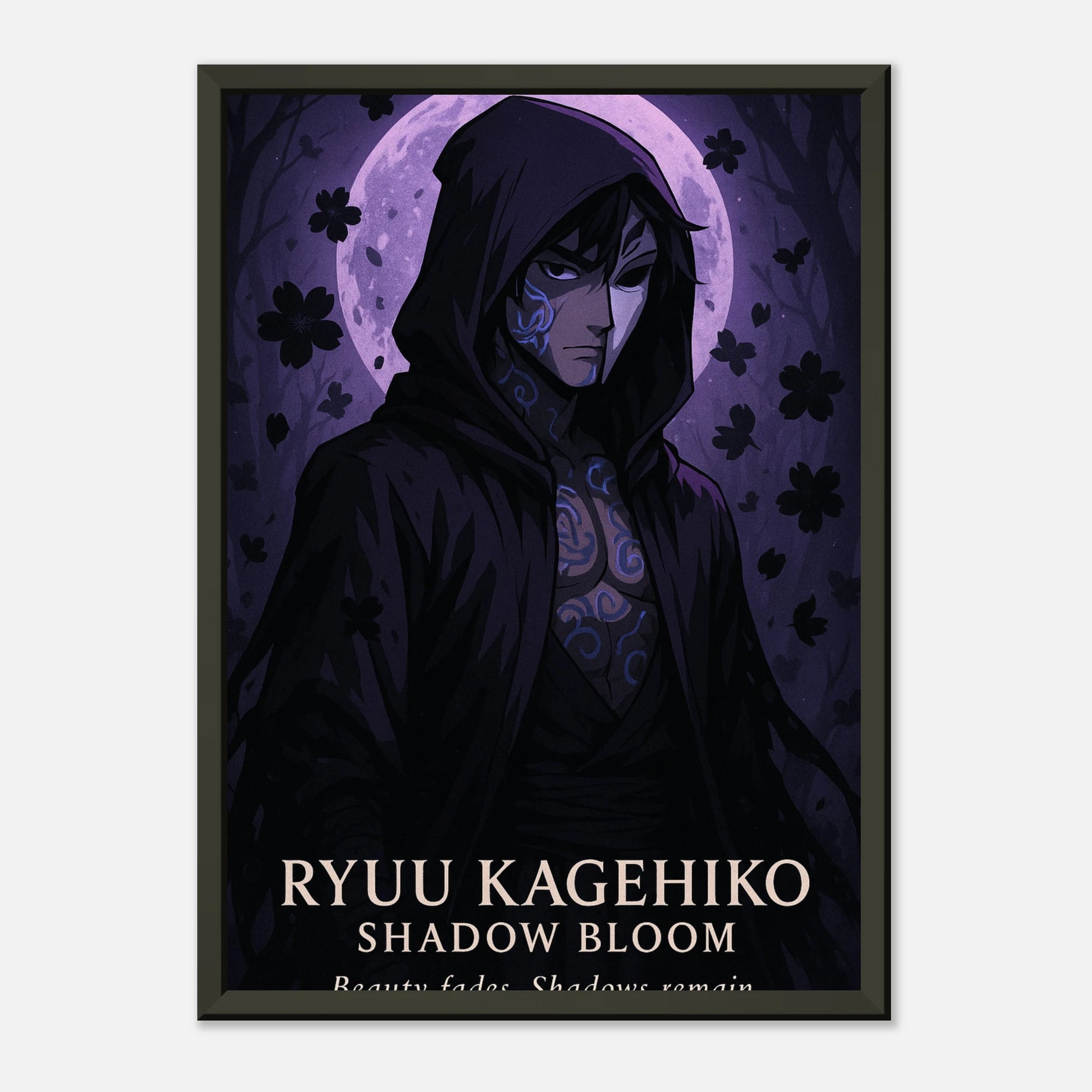 Ryuu Kagehiko Shadow Bloom Poster – Samurai in violetten Schatten mit schwarzem Rahmen, mittlere Ansicht für moderne Einrichtung