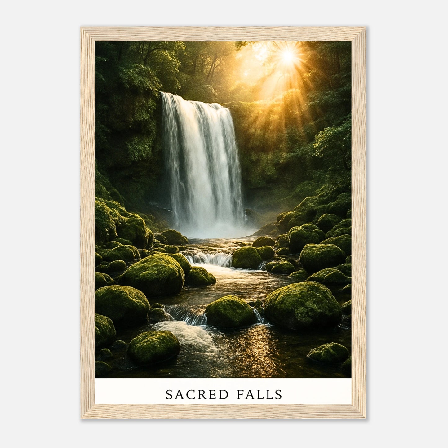 Sacred Falls Poster im hellbraunen Holzrahmen – stilvolles Natur Poster mit Wasserfall und grüner Landschaft