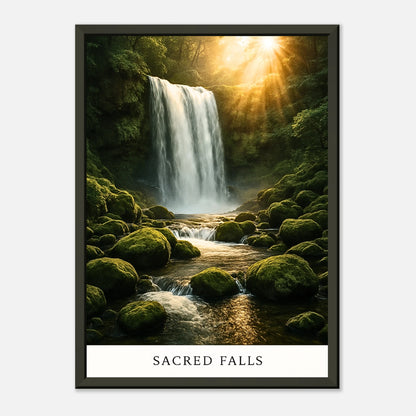 Sacred Falls Poster mit sanftem Lichtreflex – das goldene Sonnenlicht fällt auf den Wasserfall, wodurch Tiefe und Lebendigkeit entstehen.