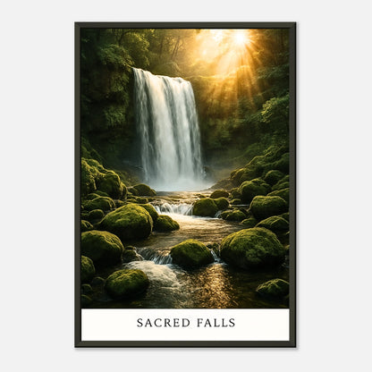 Seitenansicht des Sacred Falls Posters – eleganter schwarzer Metallrahmen mit edlem Glanz, hochwertiger Kunstdruck in naturverbundener Optik.