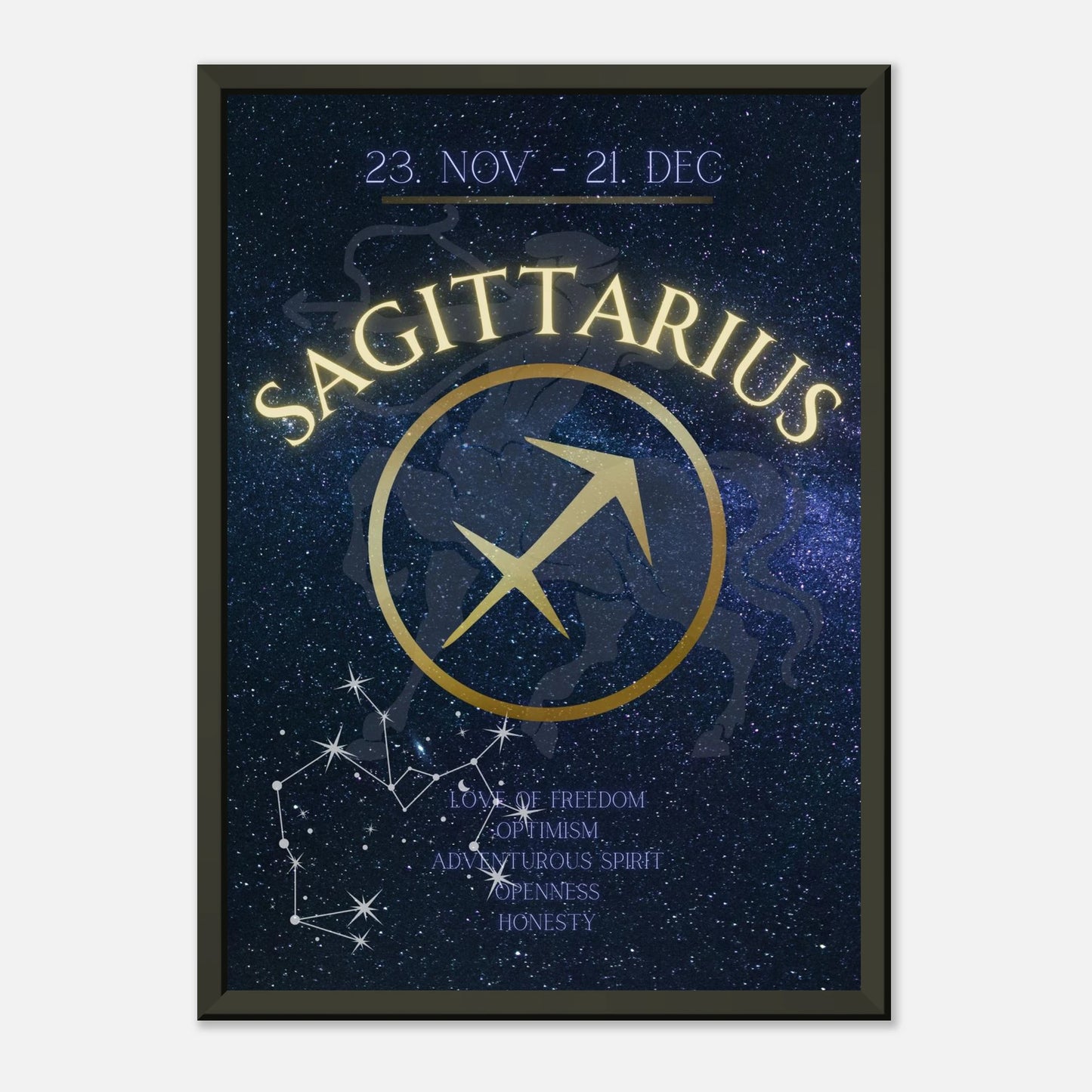 Sagittarius horoscope wall art poster showing zodiac symbol and constellation design in black metal frame