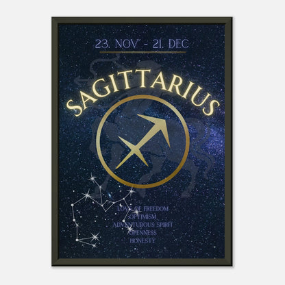 Sagittarius horoscope wall art poster showing zodiac symbol and constellation design in black metal frame