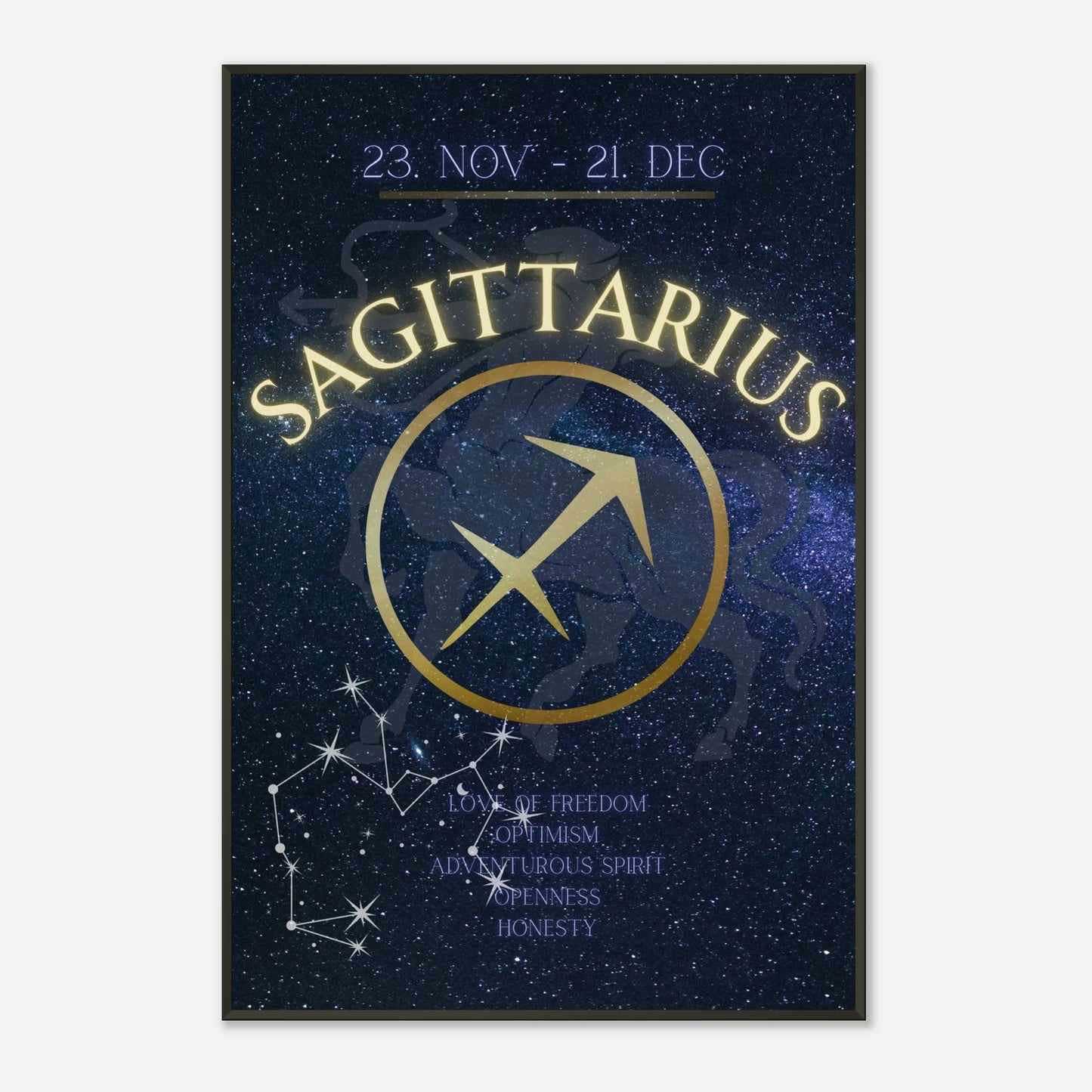 Sagittarius astrology wall art poster in black metal frame with cosmic zodiac constellation artwork