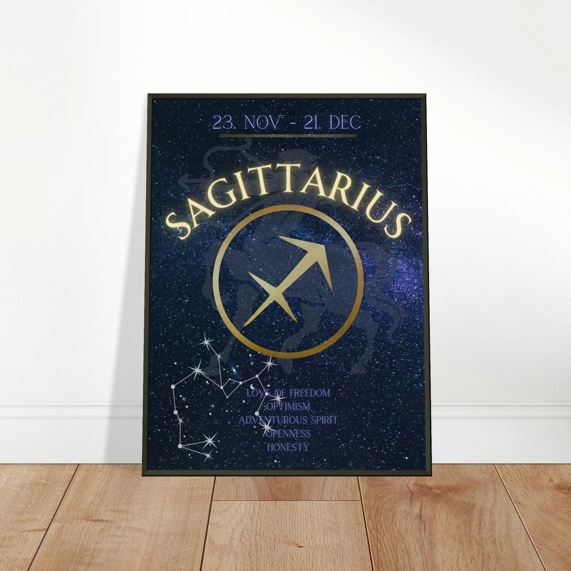 Sagittarius zodiac wall art poster leaning against wall in black metal frame modern home decor mockup