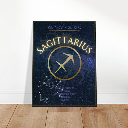 Sagittarius zodiac wall art poster leaning against wall in black metal frame modern home decor mockup