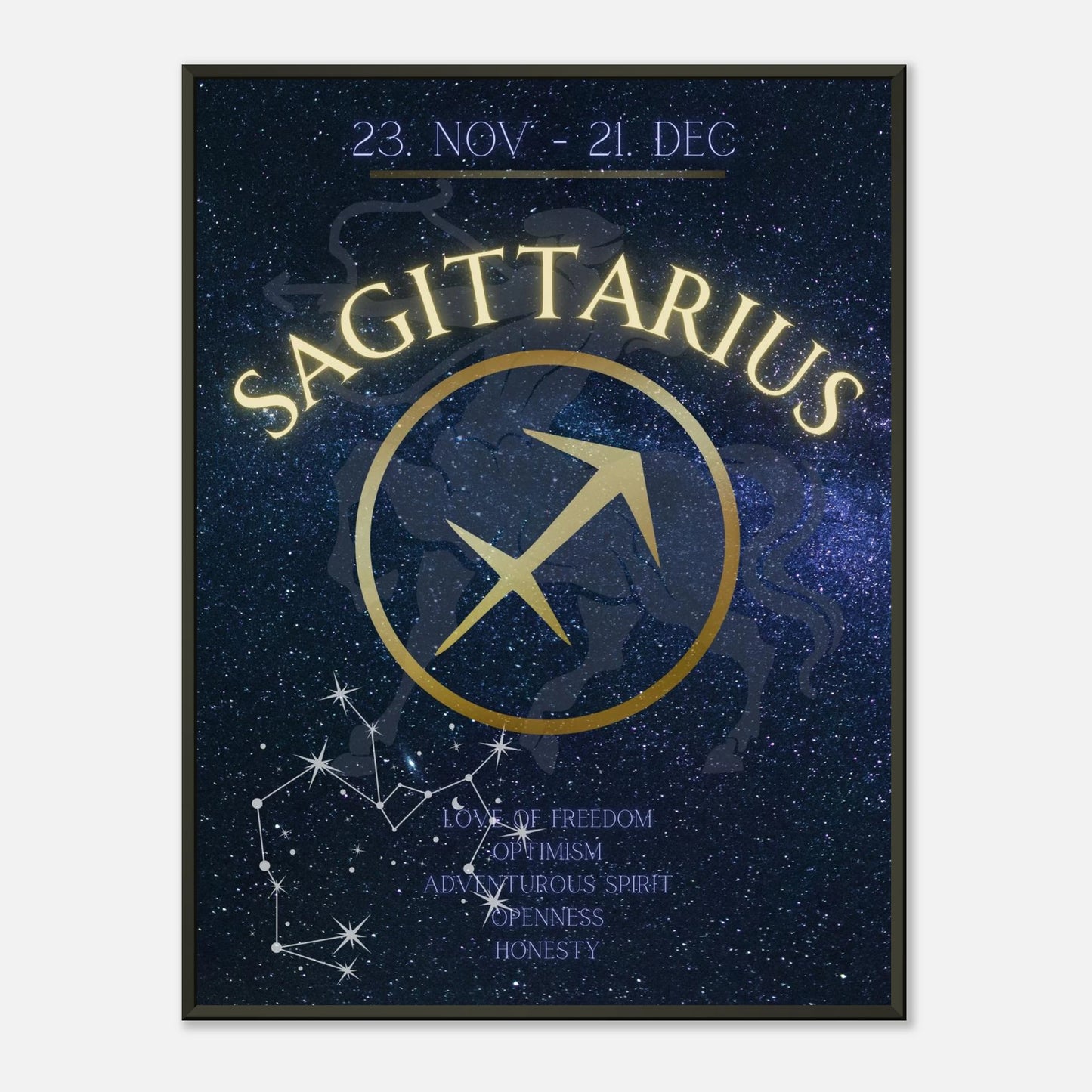 Sagittarius zodiac wall art poster in black metal frame featuring constellation and astrology symbol design