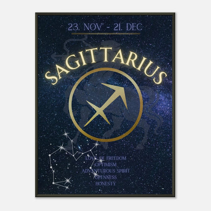 Sagittarius zodiac wall art poster in black metal frame featuring constellation and astrology symbol design