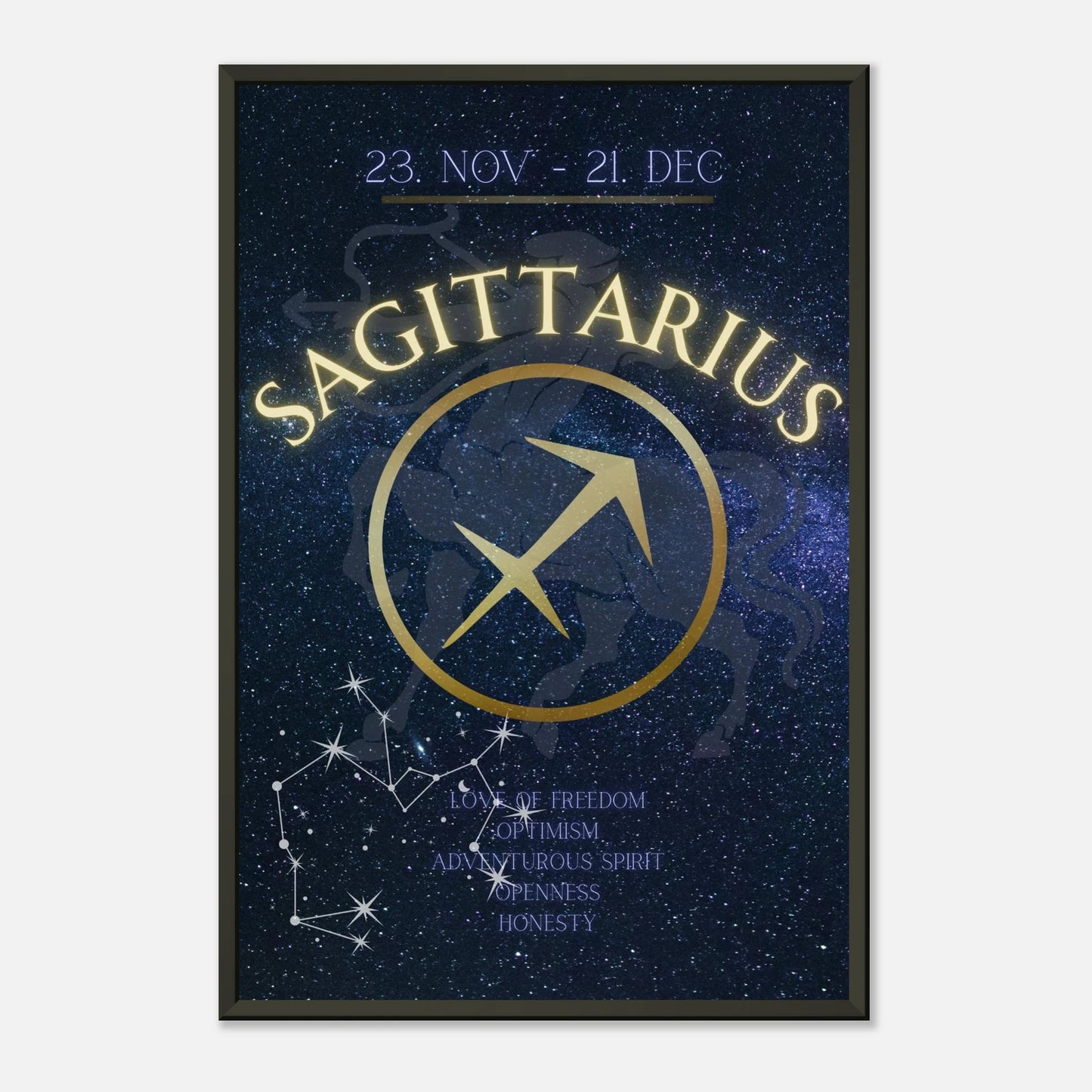 Sagittarius zodiac poster in black metal frame minimalist studio mockup with constellation design