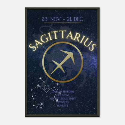 Sagittarius zodiac poster in black metal frame minimalist studio mockup with constellation design