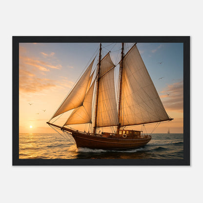 Sailing into the Light Poster mit schwarzem Holzrahmen – Segelboot Bild mit Abendhimmel für modernes Wohndesign
