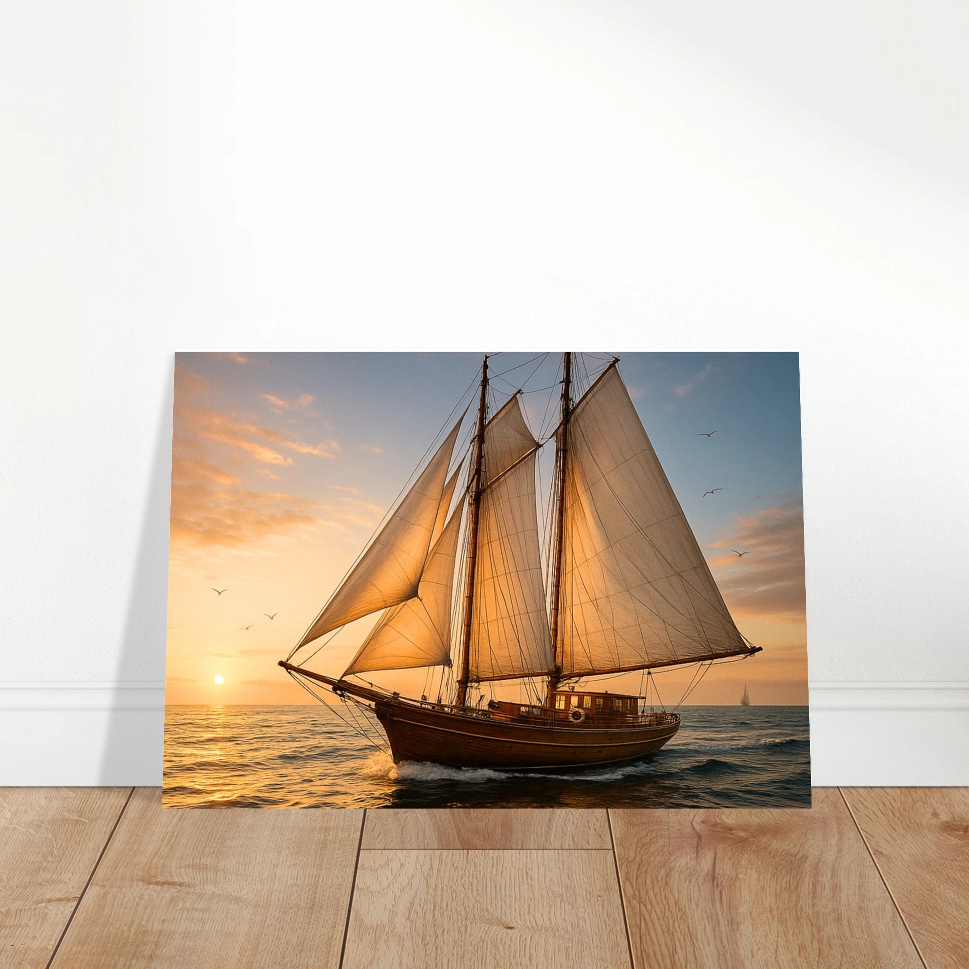 Sailing into the Light sailboat wall art displayed in bright modern living room – nautical decor centerpiece.