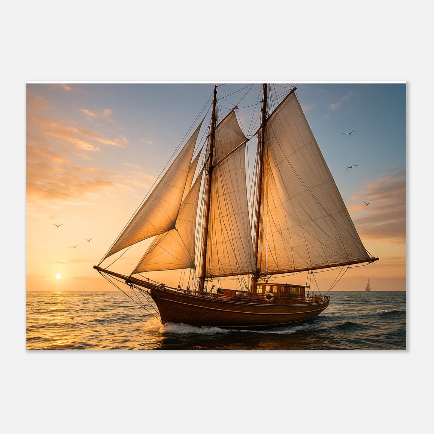 Close-up of Sailing into the Light sailing ship art – detailed vintage sailboat with warm sunset tones.
