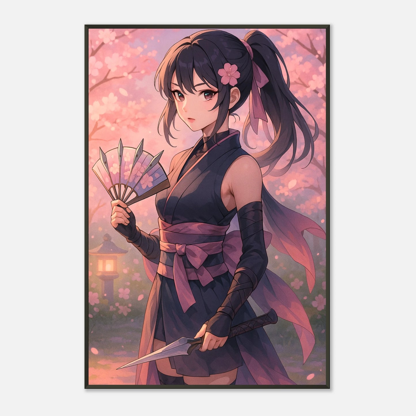 Sakura Kurenai Anime Wandbild – Samurai Kriegerin mit Fächer und Katana in schwarzem Metallrahmen – japanisch inspiriertes Design für Wohnzimmer und Gaming Zimmer.