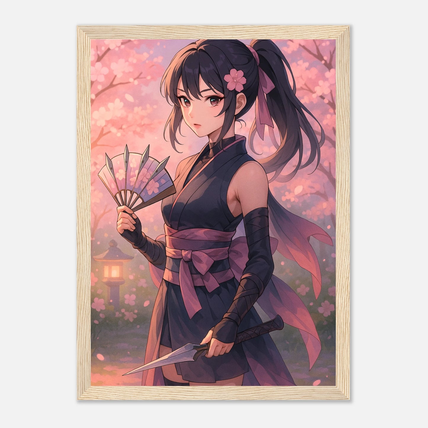 SAKURA KURENAI Poster im hellbraunen Holzrahmen – Samurai-Kriegerin unter Kirschblüten, sanftes Licht, japanische Eleganz und Anime-Kunst in Premiumqualität. Defa Designs.