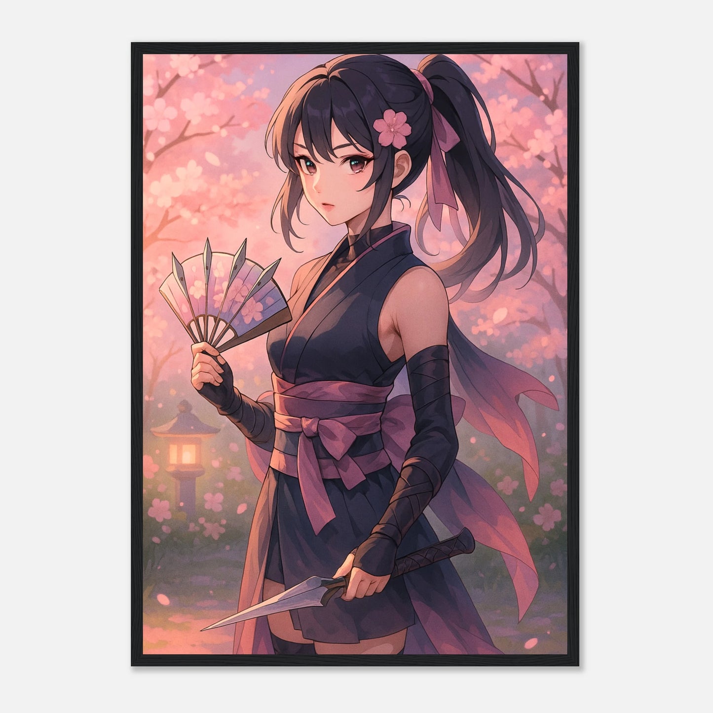 SAKURA KURENAI Poster im schwarzen Rahmen – Samurai-Frau in rosa Kirschblüten, feine japanische Anime-Kunst mit weiblicher Stärke. Defa Designs.