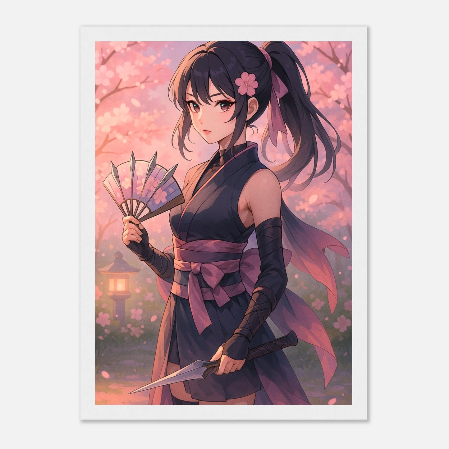 SAKURA KURENAI Poster im weißen Rahmen – elegante Anime-Kunst mit Kriegerin unter Blüten, Symbol für Anmut und Stärke. Defa Designs Premium Print.