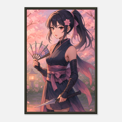 Nahaufnahme des Sakura Kurenai Anime Posters – Kriegerin im rosa Kirschblütenfeld – schwarzer Metallrahmen, hochwertige Druckqualität von Defa Designs.
