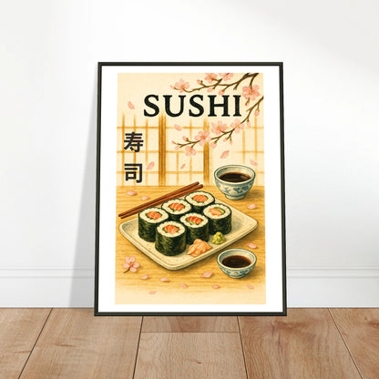 Sakura & Sushi sushi wall art poster leaning against wall in black metal frame modern kitchen decor mockup