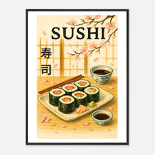 Sakura & Sushi Japanese wall art poster in black metal frame featuring cherry blossoms and sushi illustration