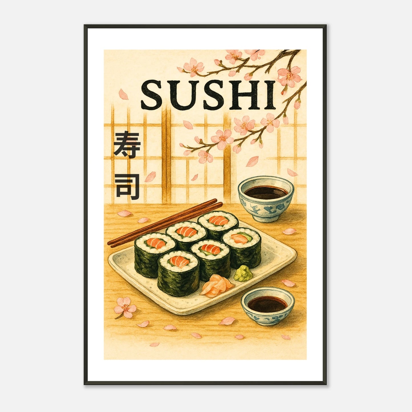 Sakura & Sushi minimalist Japanese wall art in black metal frame clean studio presentation for kitchen or dining decor