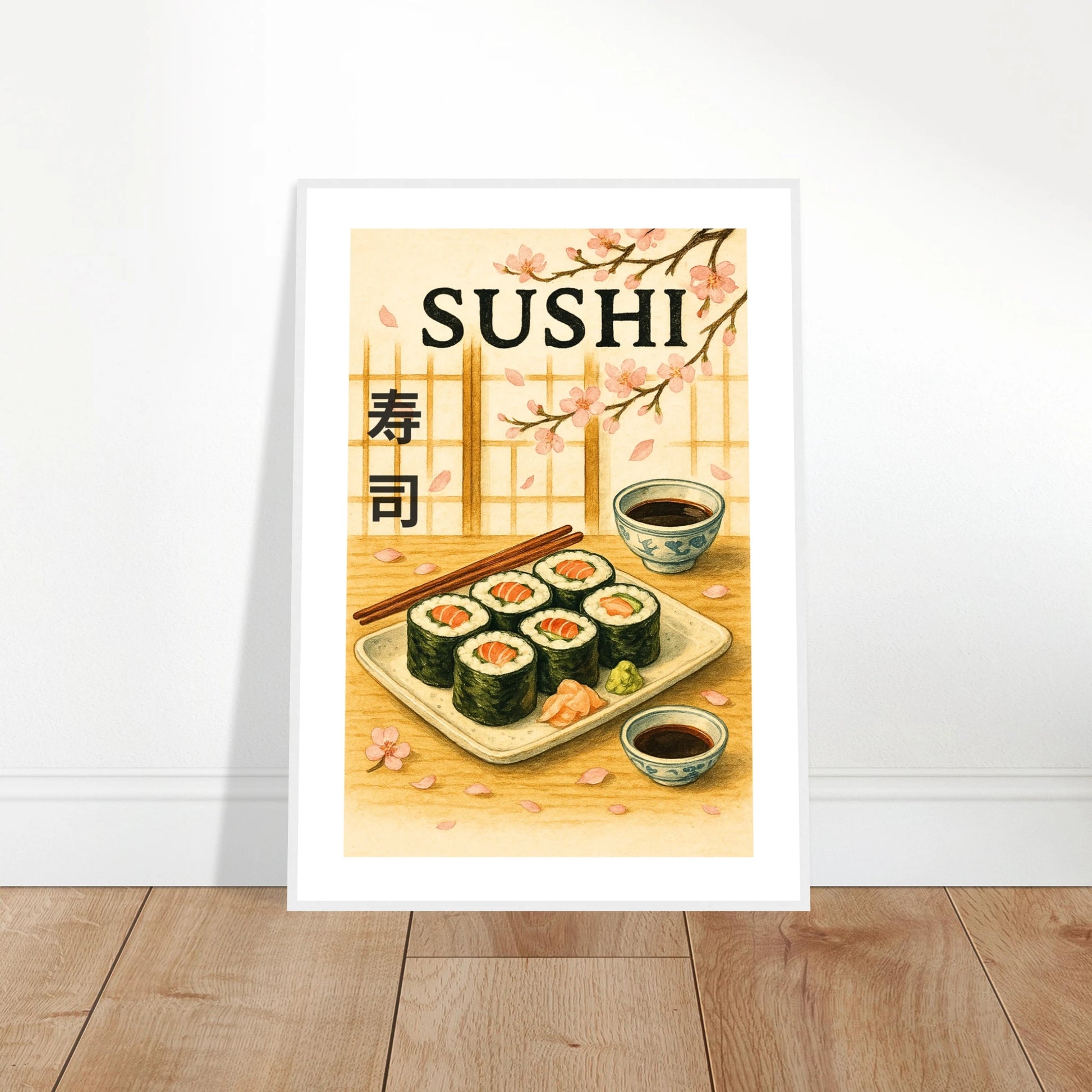 Sakura & Sushi Poster an die Wand gelehnt – japanische Wandkunst mit Sushi und Kirschblüten, stilvolles Dekor mit asiatischem Flair für moderne Räume – von Defa Designs.