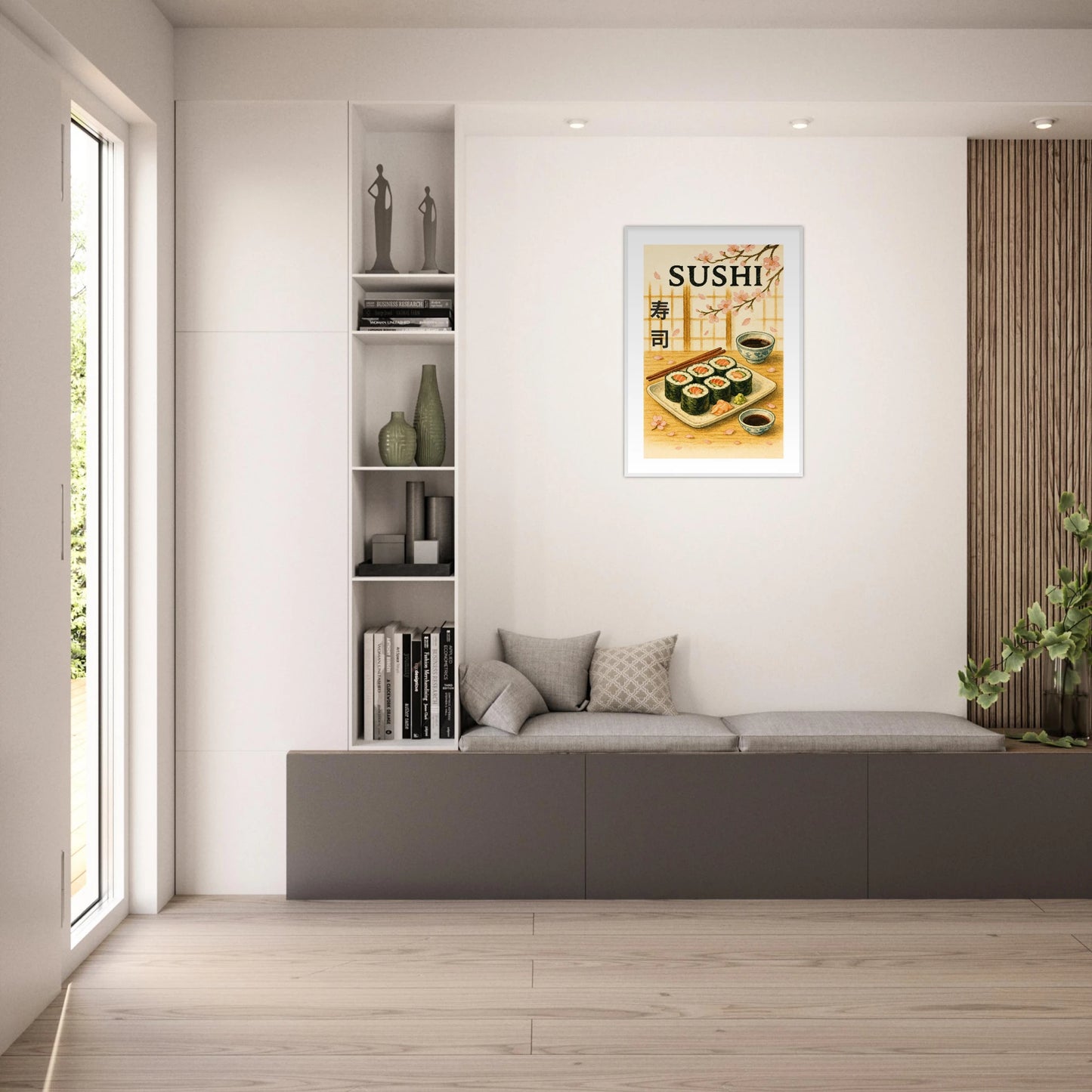 Sakura & Sushi Poster im hellen Wohnzimmer – harmonisches japanisches Wandbild mit Sushi und Kirschblüten, dezente Farben für ruhige Wohnräume – von Defa Designs.