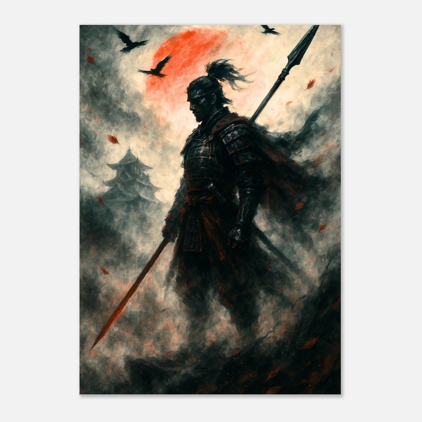 Samurai warrior art print with dramatic red sun background, Japanese fantasy wall decor