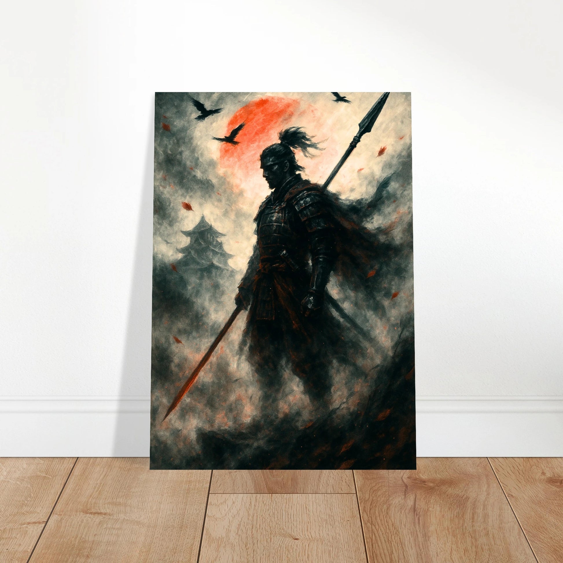 Samurai warrior poster with blazing red sun leaning against wall, Japanese wall decoration