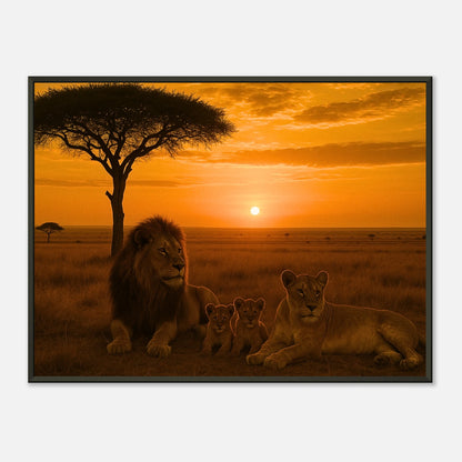 Savannah Legacy Poster – Löwenfamilie unter der Abendsonne der Savanne, majestätische Tierkunst im schwarzen Metallrahmen | DEFA Designs