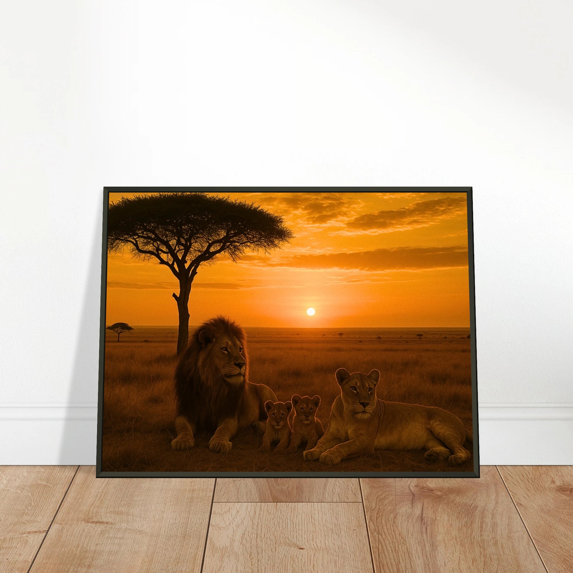 Savannah Legacy Poster an die Wand gelehnt – Löwenfamilie im Sonnenlicht, afrikanische Wandkunst im schwarzen Metallrahmen | DEFA Designs