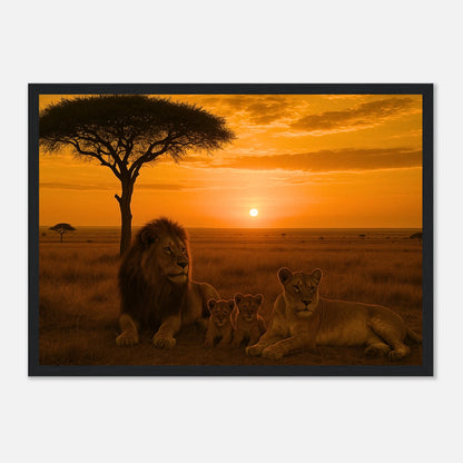 Löwen Poster „Savannah Legacy“ im schwarzen Holzrahmen – edles Wandbild mit afrikanischem Sonnenuntergang