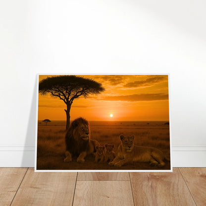 Poster „Savannah Legacy“ Löwenfamilie ungerahmt an die Wand gelehnt – Naturkunst mit Sonnenuntergang