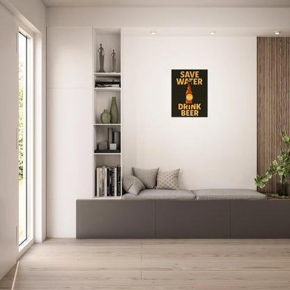 Save Water Drink Beer wall art in black metal frame displayed in bright modern living room interior