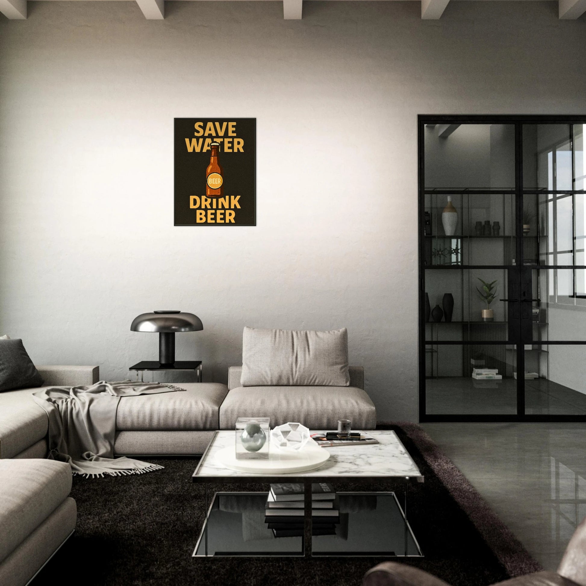 Save Water Drink Beer funny beer poster in black metal frame styled in dark modern living room setting