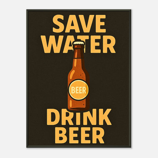 Save Water Drink Beer wall art poster in black metal frame featuring bold beer bottle graphic and funny quote design