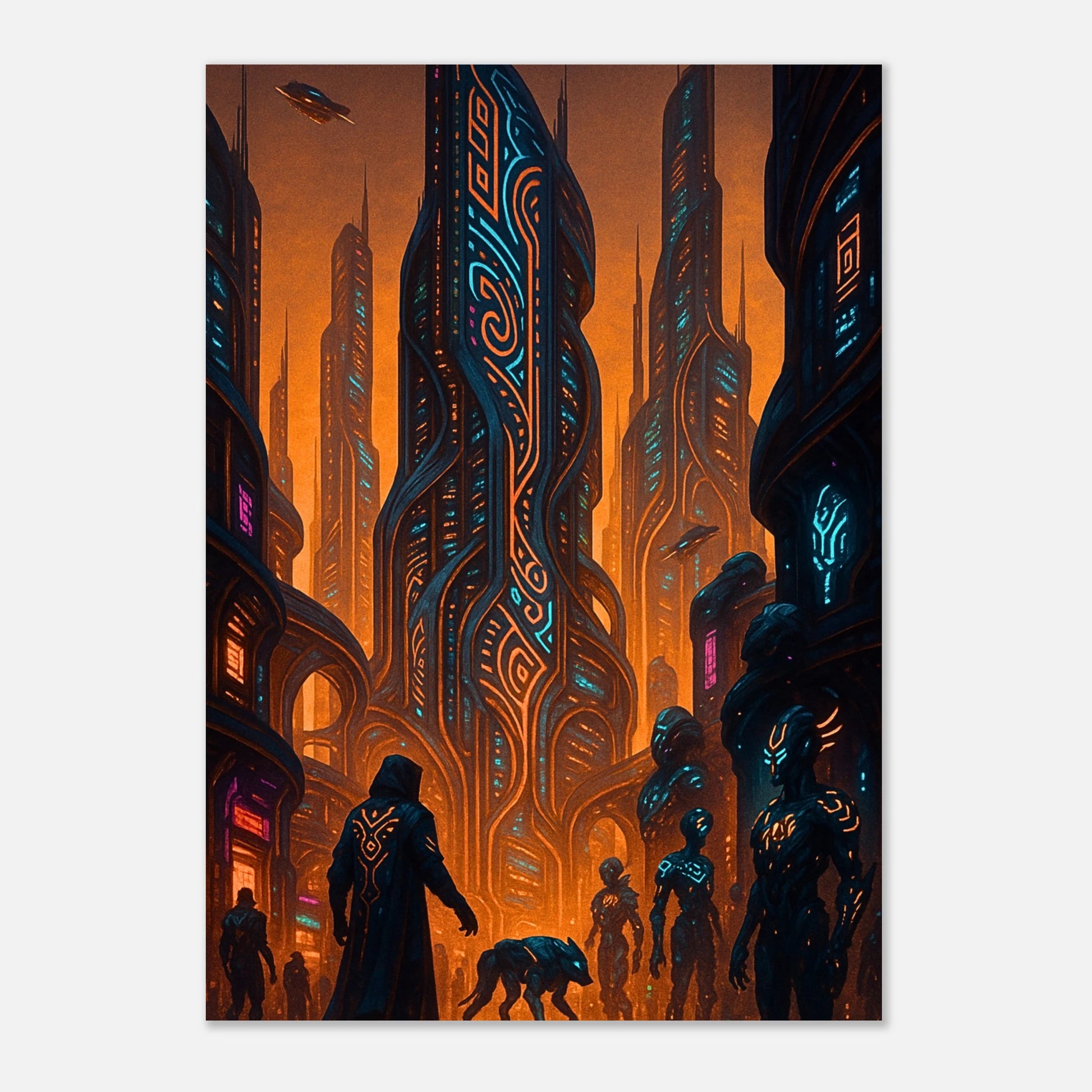 Sci-Fi Poster Neon Dystopia – detailreiche Cyberpunk Wanddekoration mit futuristischer Neon-City.