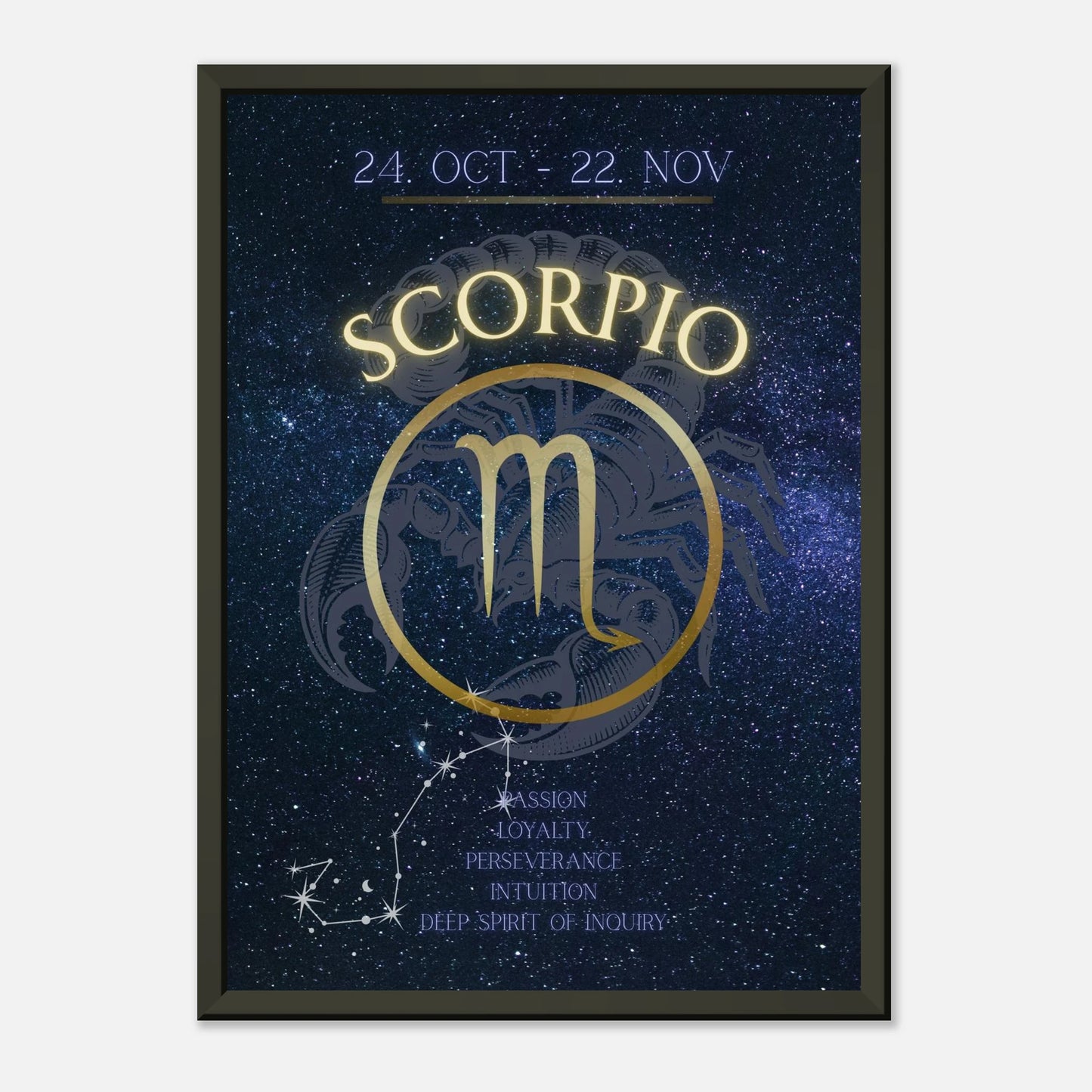 Scorpio horoscope wall art print in black metal frame featuring October 23 to November 21 zodiac dates