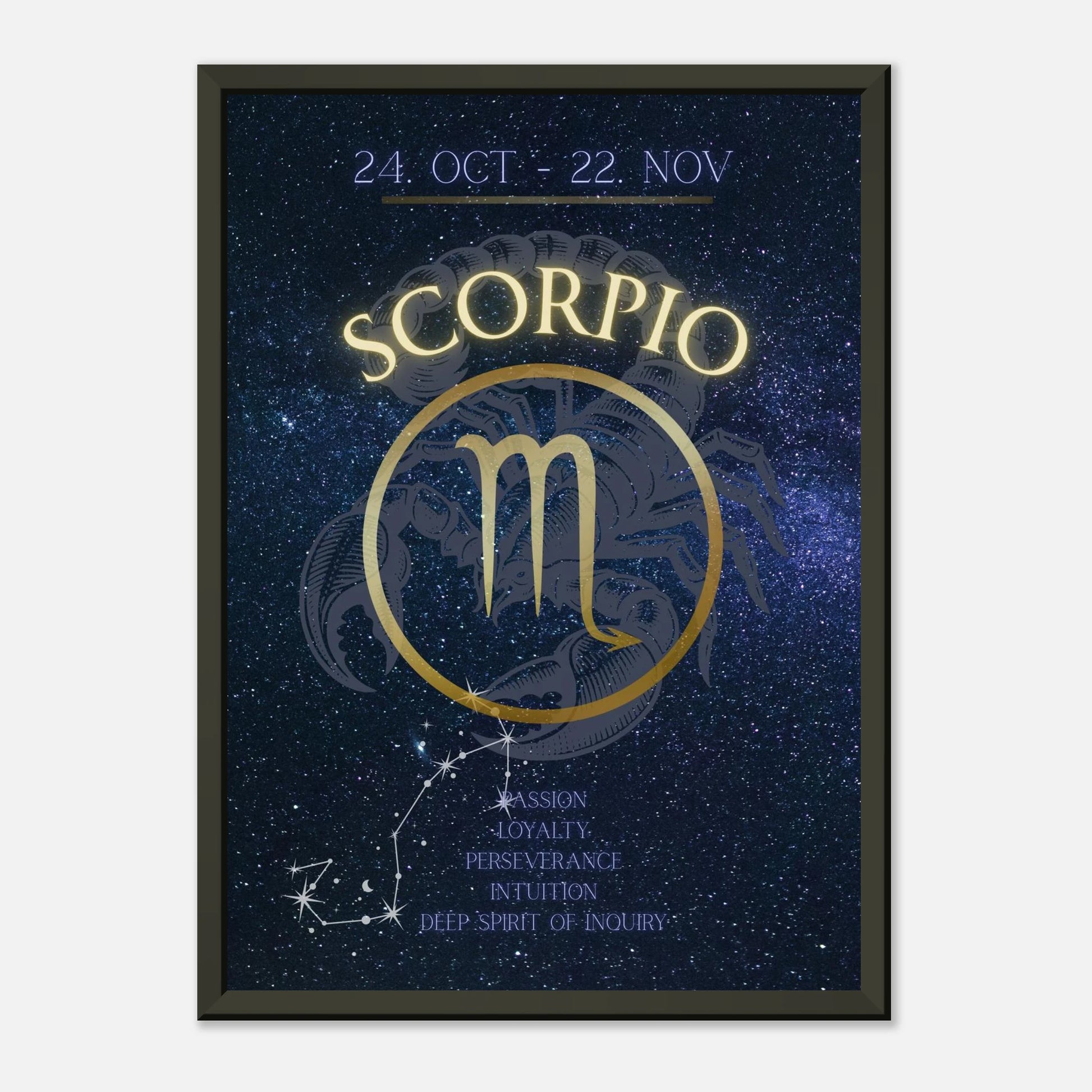 Scorpio horoscope wall art print in black metal frame featuring October 23 to November 21 zodiac dates